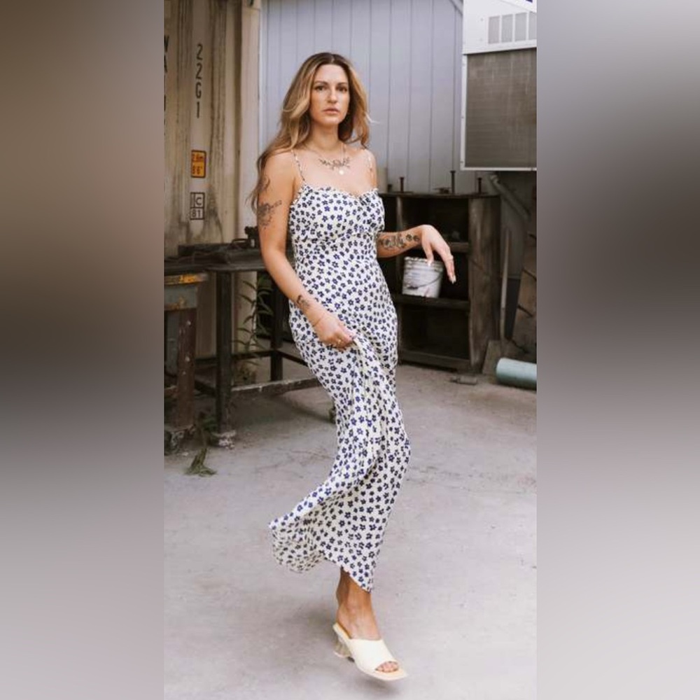 Faithfull the Brand White Midi Dress with Navy Floral Print